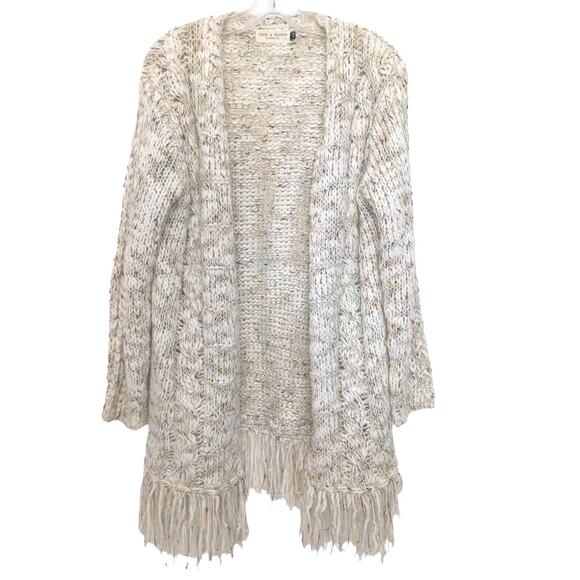 Sage & Flower Cardigan Sweater Sz L XL BEIGE Cableknit Fringes Bohemian Coastal - Picture 5 of 16